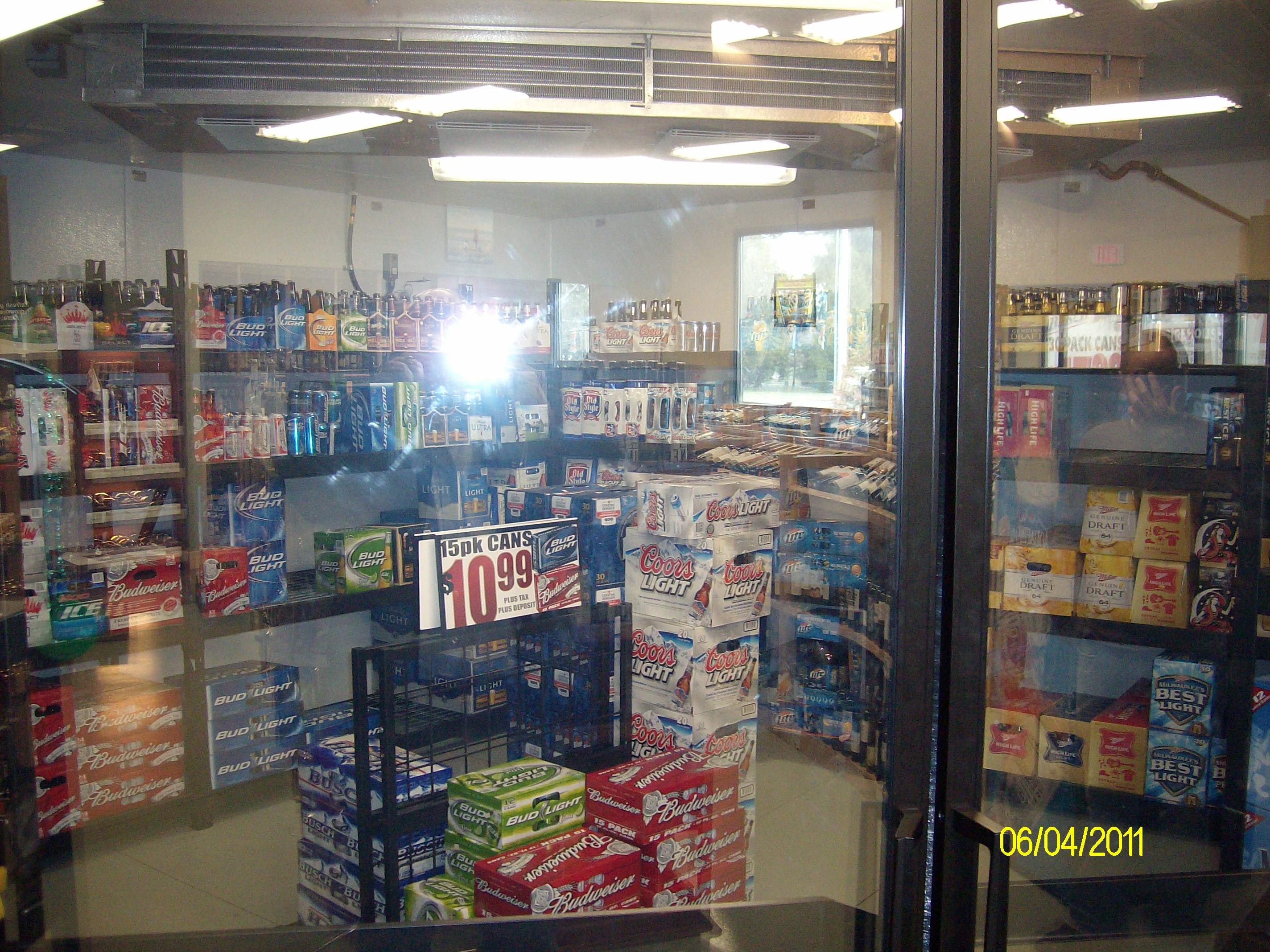 Walk in beer cooler in retail gas station liquor store